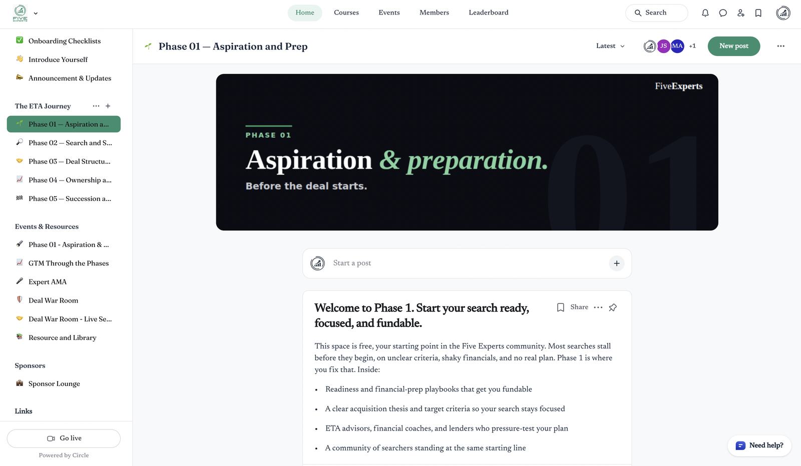 The Phase 01 space in the Five Experts community: the ETA journey organized by phase, with the Phase 01 welcome playbook